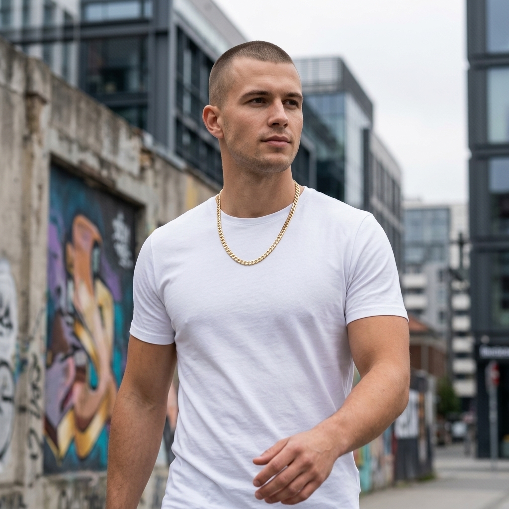 Mężczyzna w miejskim stylu noszący złoty łańcuszek pancerka 585 14K – urban street look